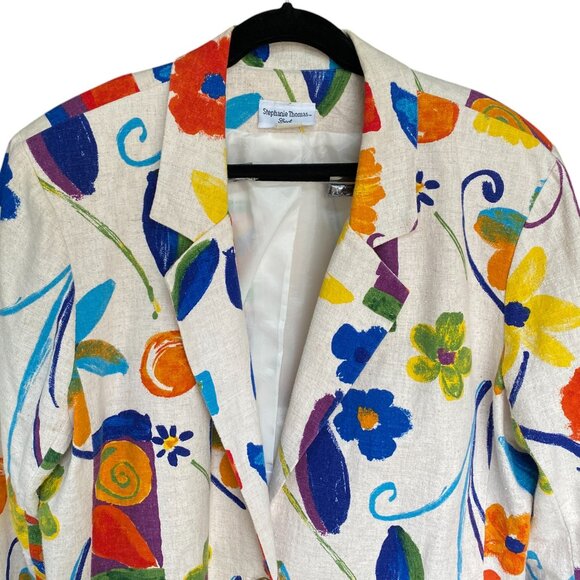 Vintage Stephanie Thomas Rainbow Floral Blazer Cotton Flax Maximalist Resort-22 - Picture 2 of 15